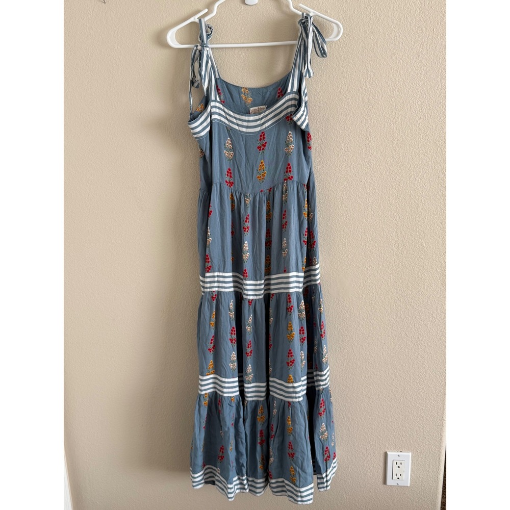 Sunshine Tienda Blue Floral Striped Tiered Midi Dress Tie‎ Shoulder Womens M/L